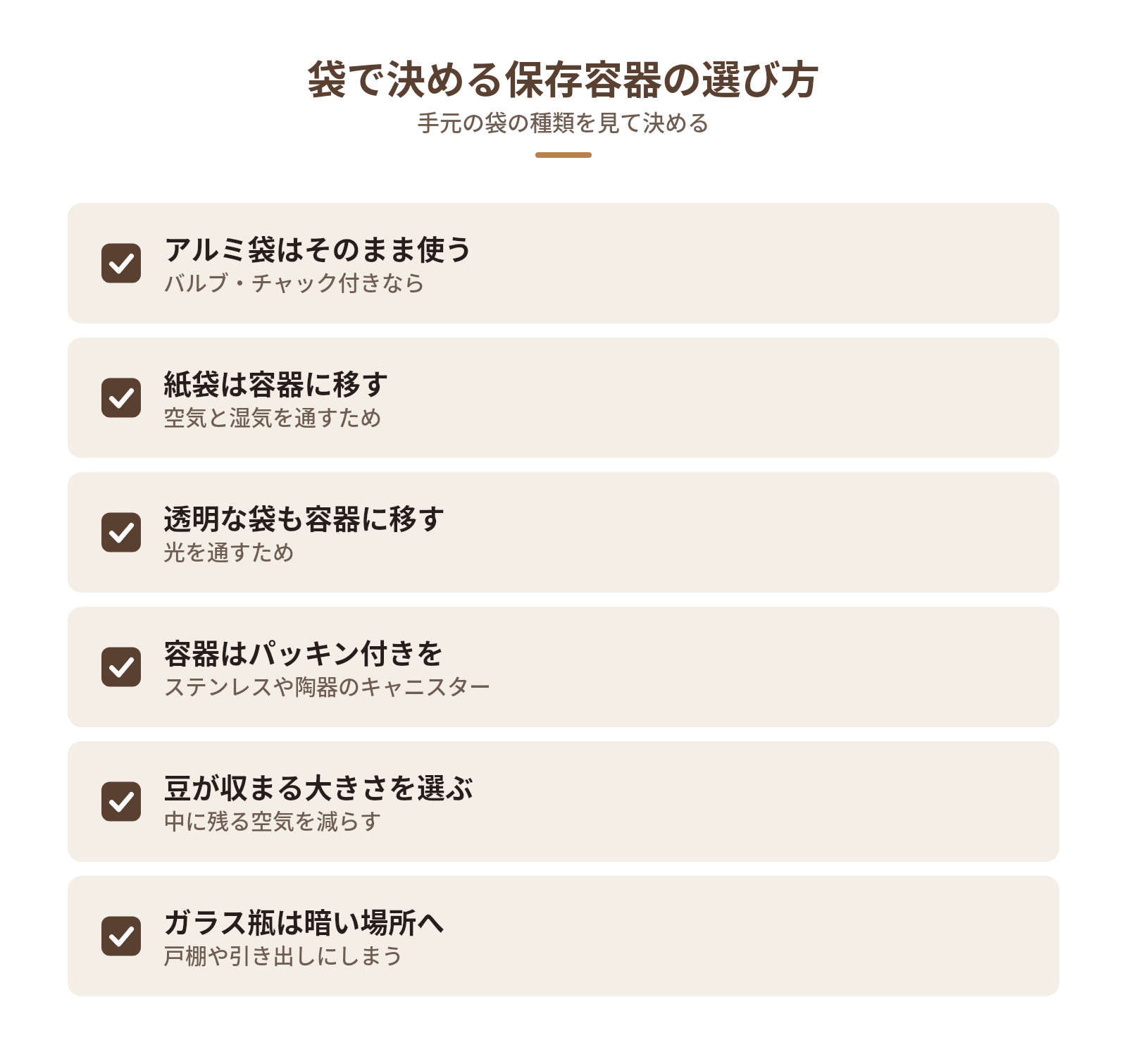 買ったときの袋から考える保存容器の選び方の図解：袋で決める保存容器の選び方 — アルミ袋はそのまま使う、紙袋は容器に移す、透明な袋も容器に移す、容器はパッキン付きを、豆が収まる大きさを選ぶ、ガラス瓶は暗い場所へ