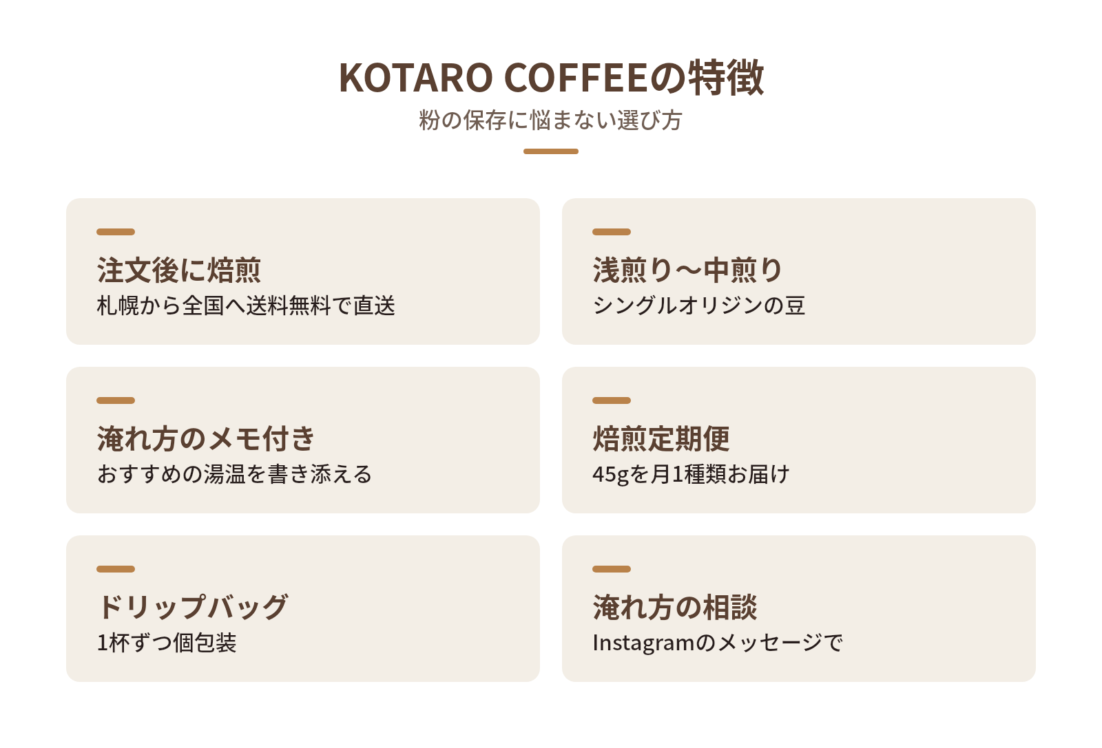 焙煎したてのコーヒーならKOTARO COFFEEにお任せの図解:KOTARO COFFEEの特徴 — 注文後に焙煎、浅煎り〜中煎り、淹れ方のメモ付き、焙煎定期便、ドリップバッグ、淹れ方の相談