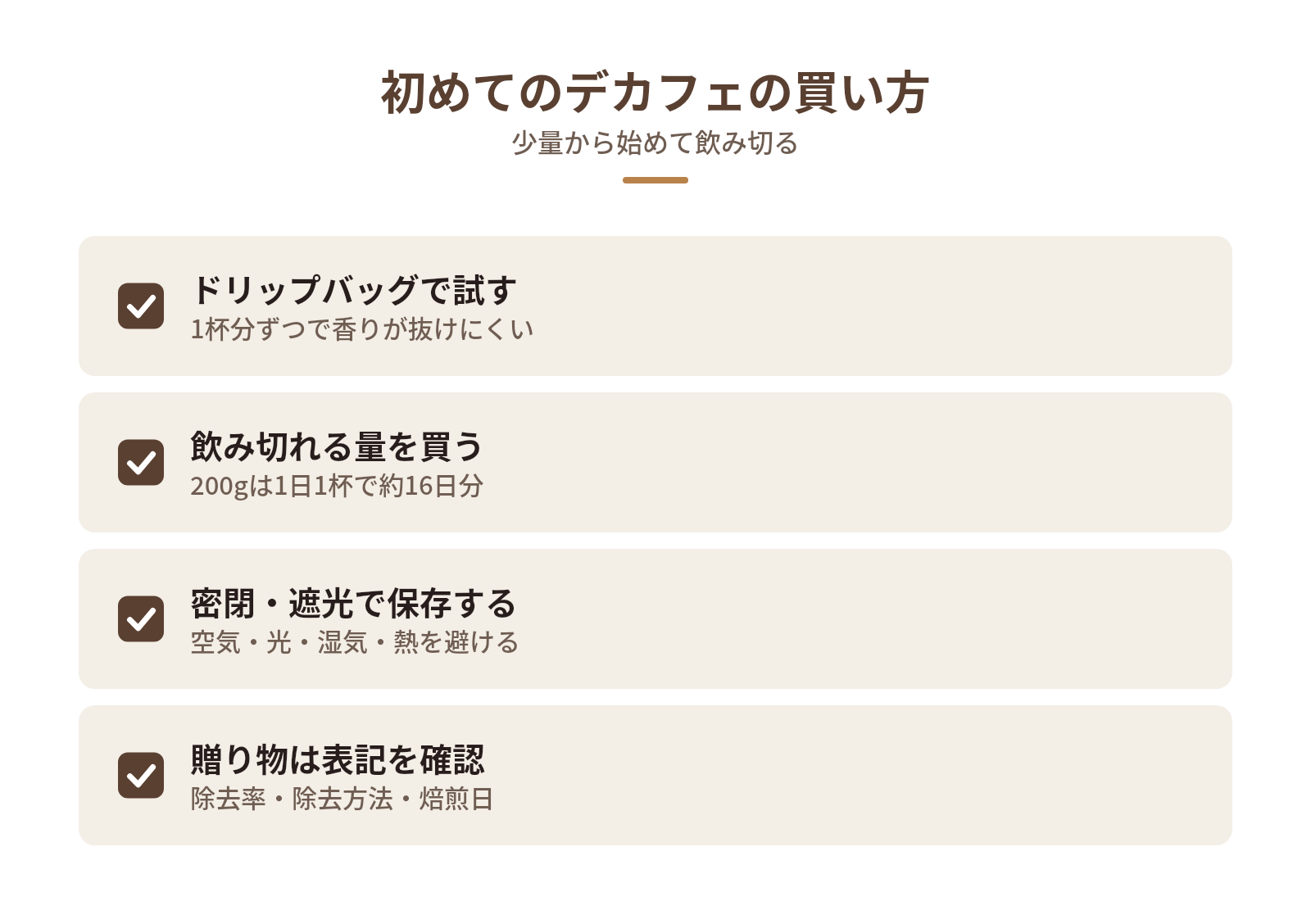 初めてのデカフェは少量から試して鮮度のうちに飲み切るの図解:初めてのデカフェの買い方 — ドリップバッグで試す、飲み切れる量を買う、密閉・遮光で保存する、贈り物は表記を確認